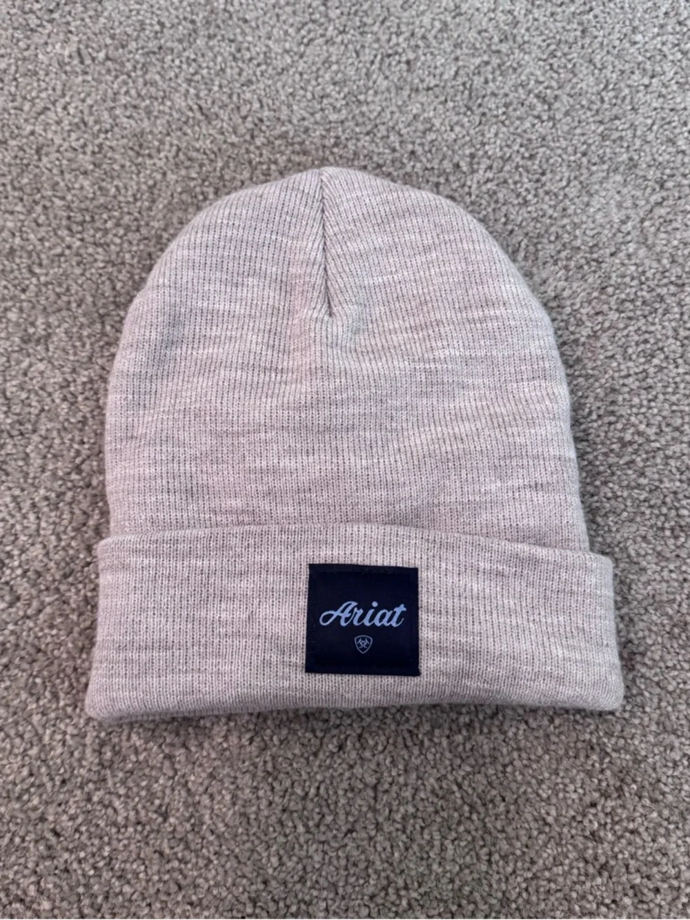 Ariat Beanie Hat Beige Knit Cuffed Logo Winter Warm